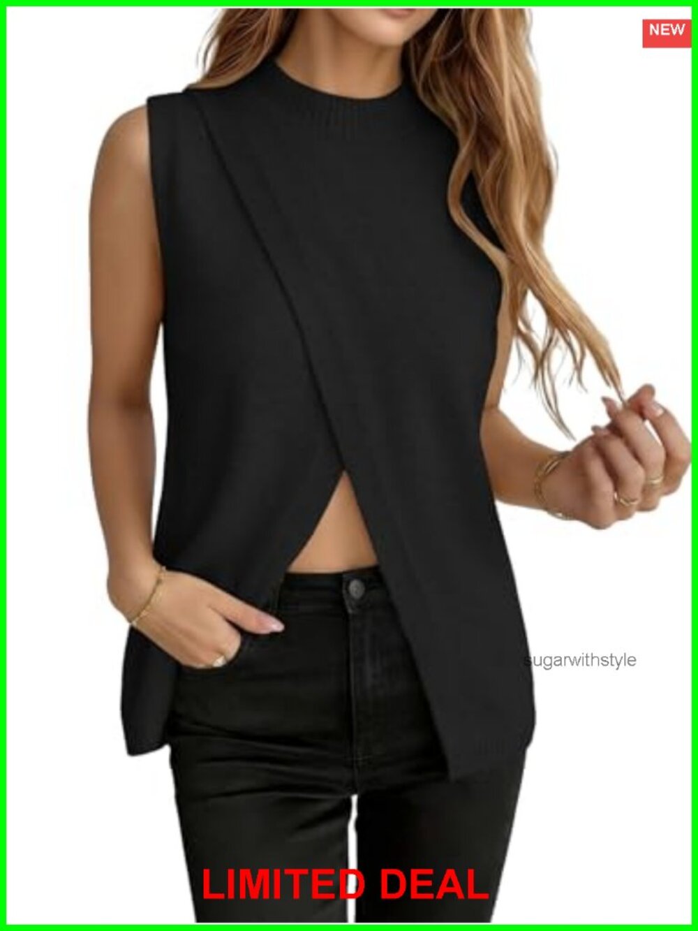 Mock Neck Sweater Vest Sleeveless Asymmetrical Hem Business Casual Top